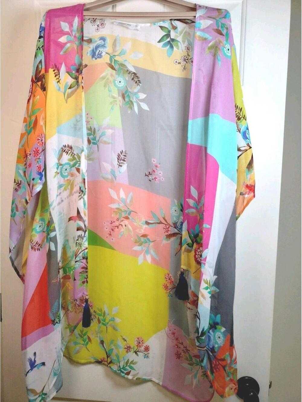 Johnny Was Silk Floral Patchwork Kimono Wrap Tassels XL Boho SEE NOTE/FLAW
